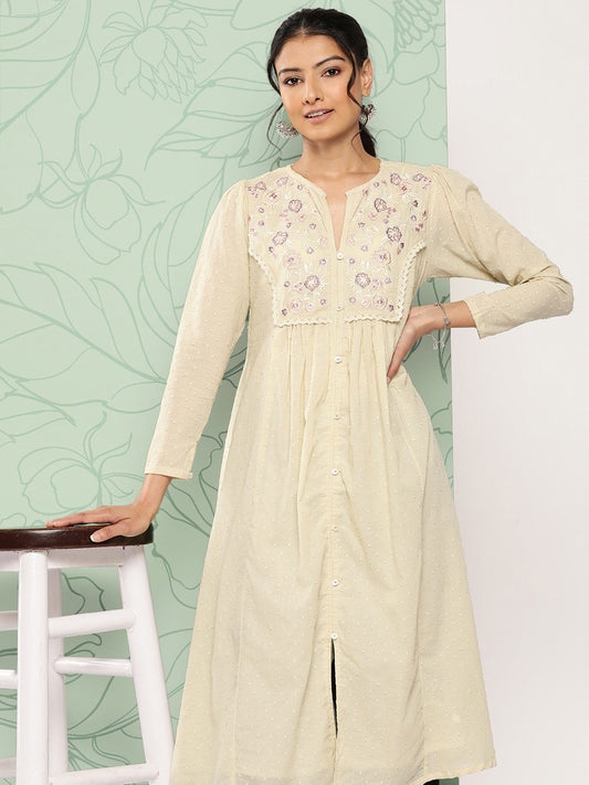 Janasya Women's Off White Dobby Cotton Solid Casual A-Line Kurta - Swadesiicart