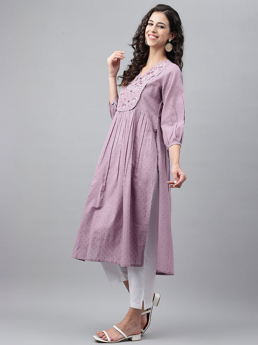 Janasya Women's Lavender Dobby Cotton Solid Casual Gathered Kurta | Swadesiicart