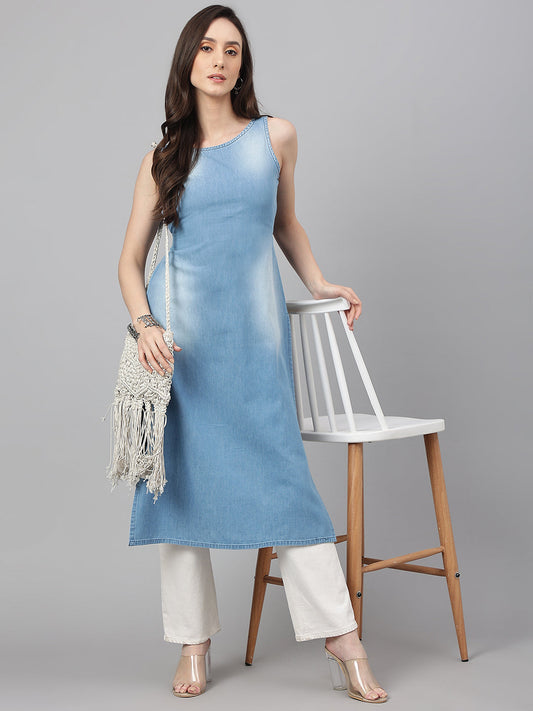 Janasya Women's Light Blue Denim Solid Casual Straight Kurta | Swadesiicart