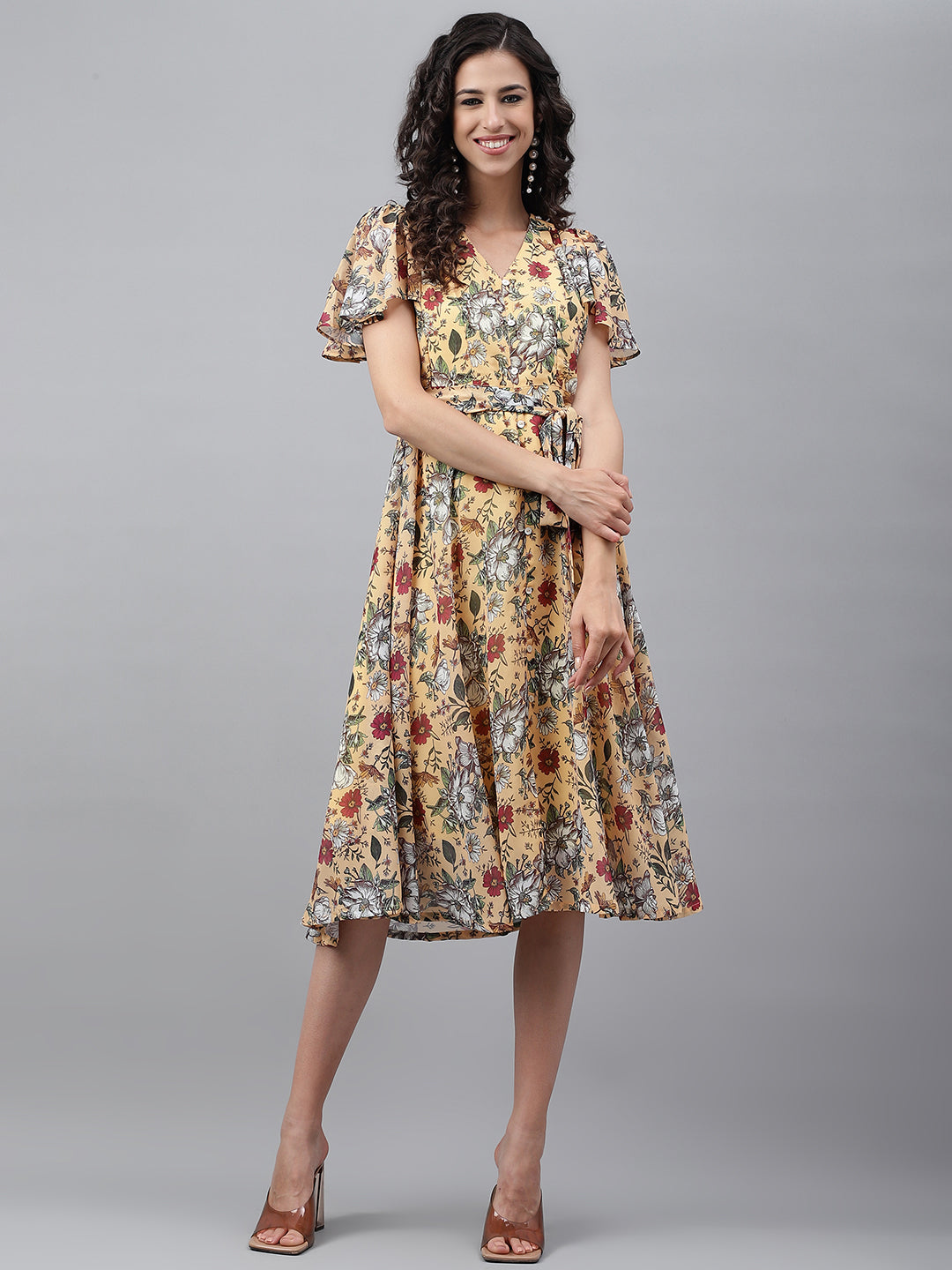 Janasya Women's Yellow Georgette Digital Printed Flared Casual Dress | Swadesiicart