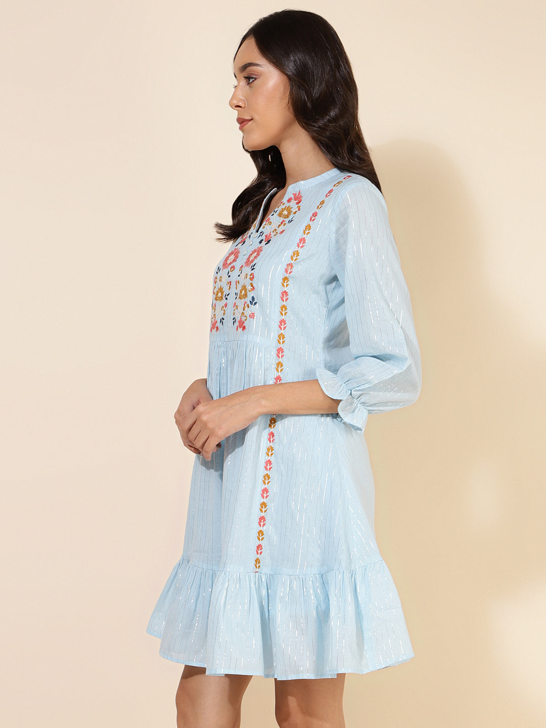 Janasya Women's Sky Blue Cotton Embroidery Casual Dress | Swadesiicart