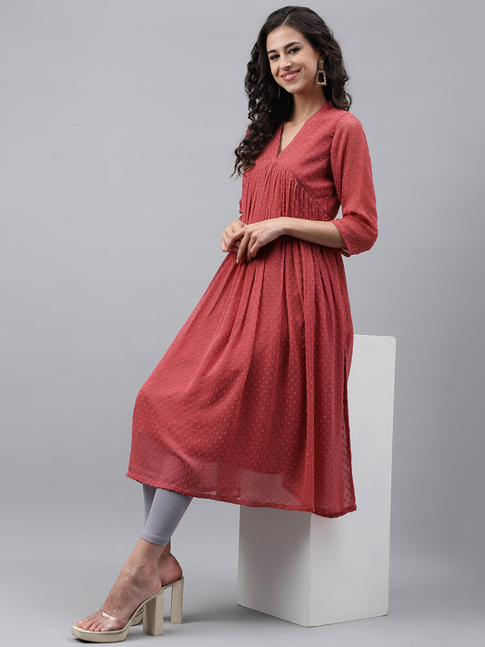 Janasya Women's Pink Dobby Chiffon Self Design Casual Empire Kurta - Swadesiicart