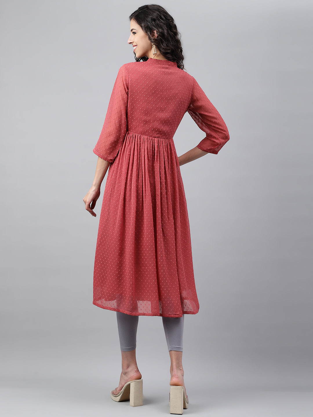 Janasya Women's Pink Dobby Chiffon Self Design Casual Empire Kurta - Swadesiicart