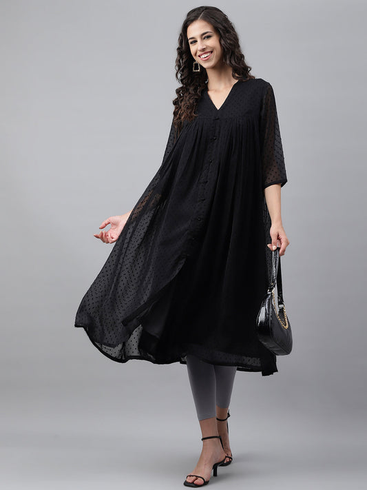 Janasya Women's Black Dobby Chiffon Self Design Festive Empire Kurta - Swadesiicart