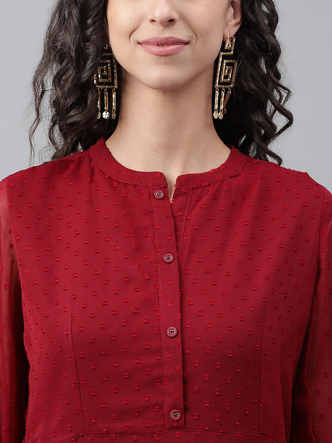 Janasya Women's Maroon Dobby Chiffon Self Design Casual Flared Kurta | Swadesiicart