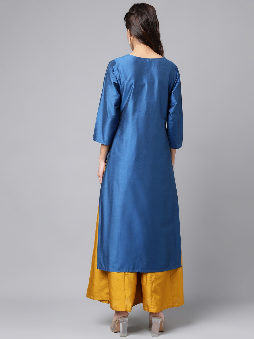 Janasya Women's Blue Poly Silk Solid Festive Straight Kurta | Swadesiicart