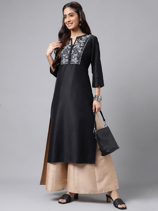 Janasya Women's Black Poly Silk Solid Festive Straight Kurta | Swadesiicart