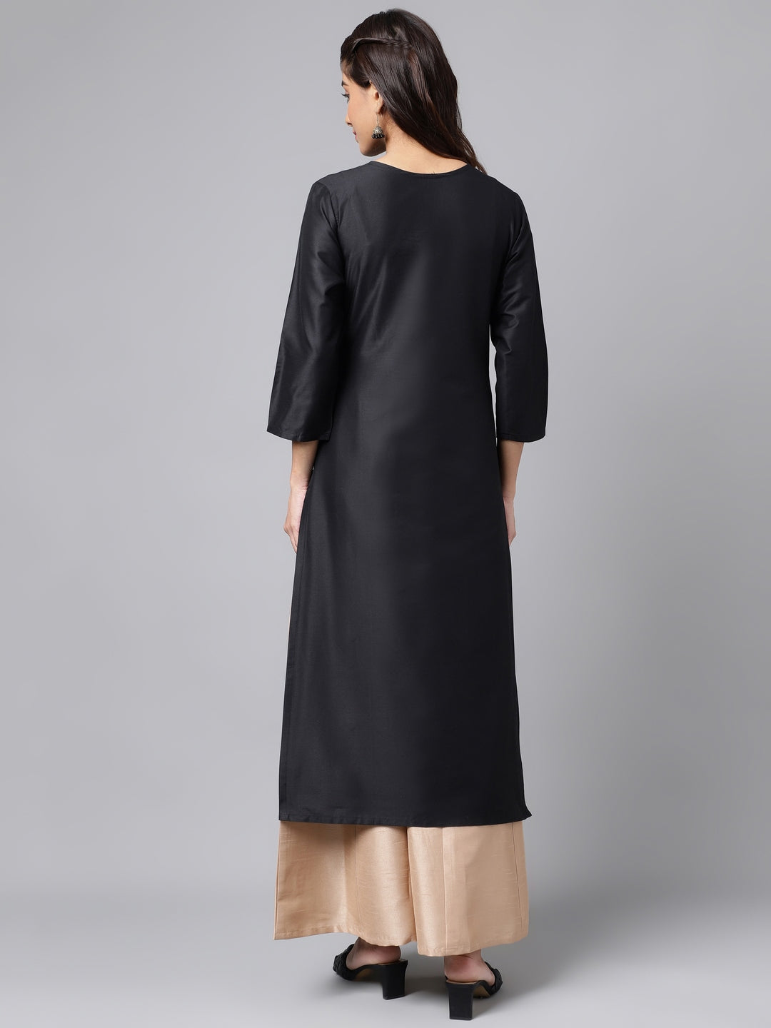 Janasya Women's Black Poly Silk Solid Festive Straight Kurta | Swadesiicart