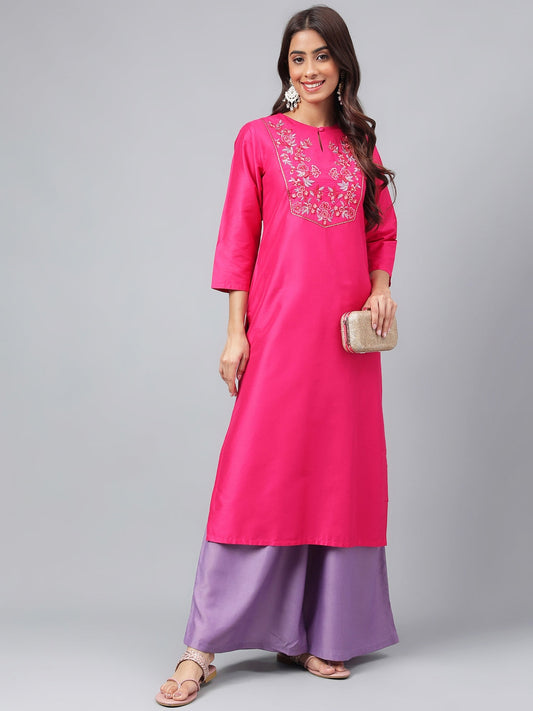 Janasya Women's Pink Poly Silk Solid Festive Straight Kurta | Swadesiicart