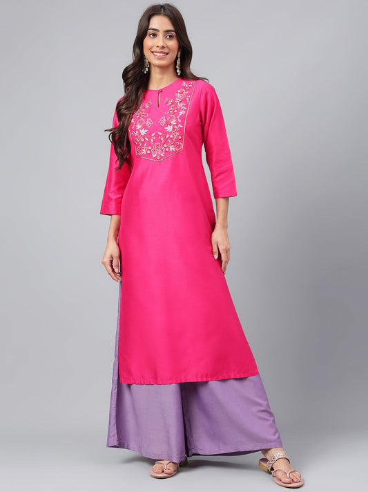Janasya Women's Pink Poly Silk Solid Festive Straight Kurta | Swadesiicart