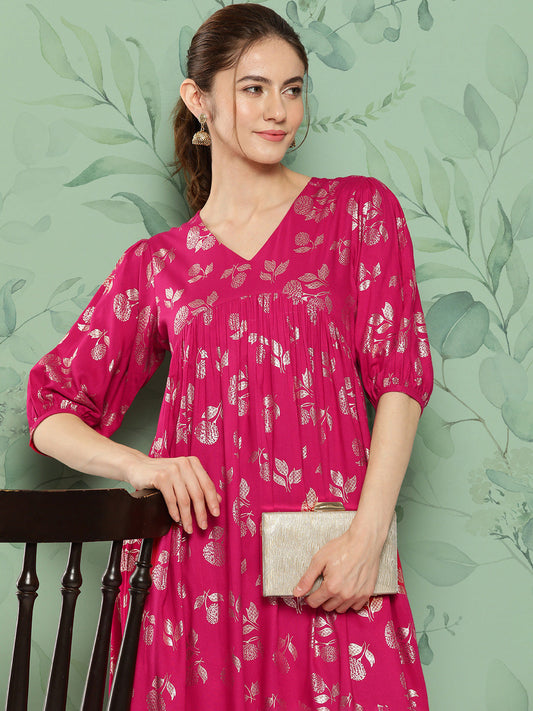 Janasya Women's Pink Rayon Foil Printed Festive Gathered Kurta | Swadesiicart