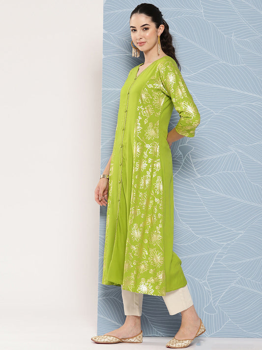 Janasya Women's Lime Green Rayon Foil Printed Festive A-Line Kurta | Swadesiicart
