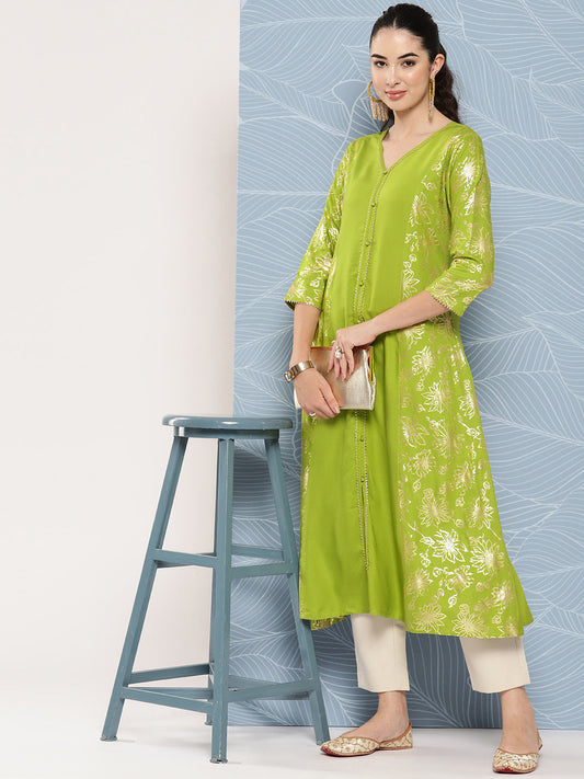 Janasya Women's Lime Green Rayon Foil Printed Festive A-Line Kurta | Swadesiicart