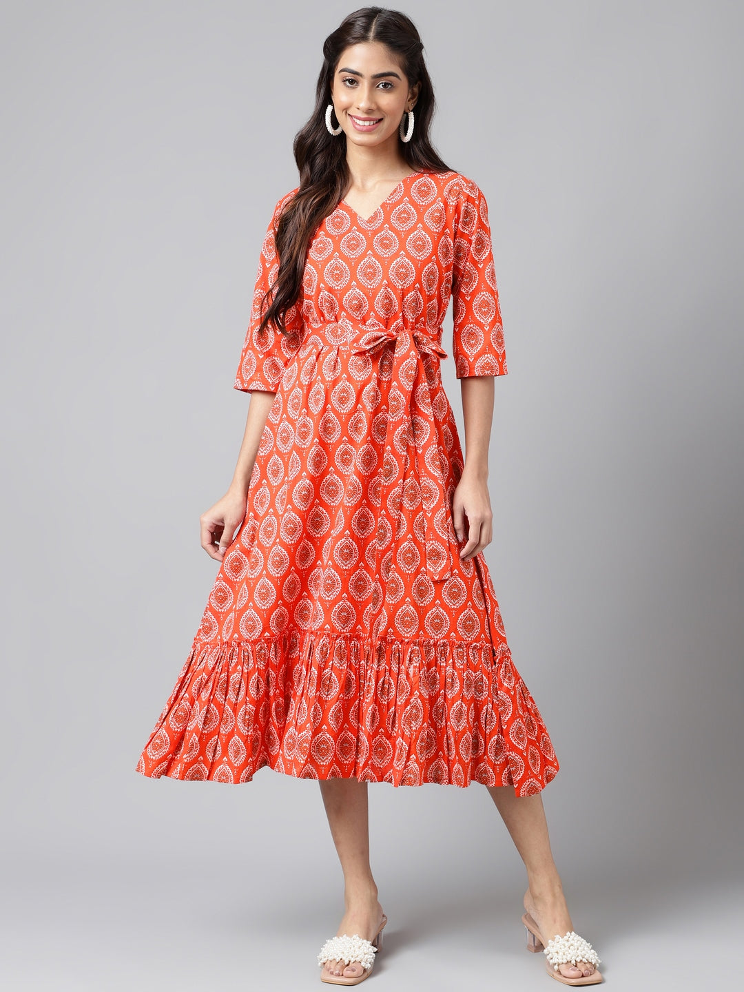 Janasya Women's Orange Cotton Ethnic Motifs Printed Ruffled Casual Dress | Swadesiicart