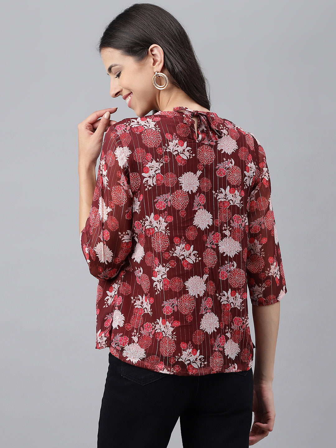 Janasya Women's Maroon Chiffon Lurex Floral Printed Casual Regular Top | Swadesiicart