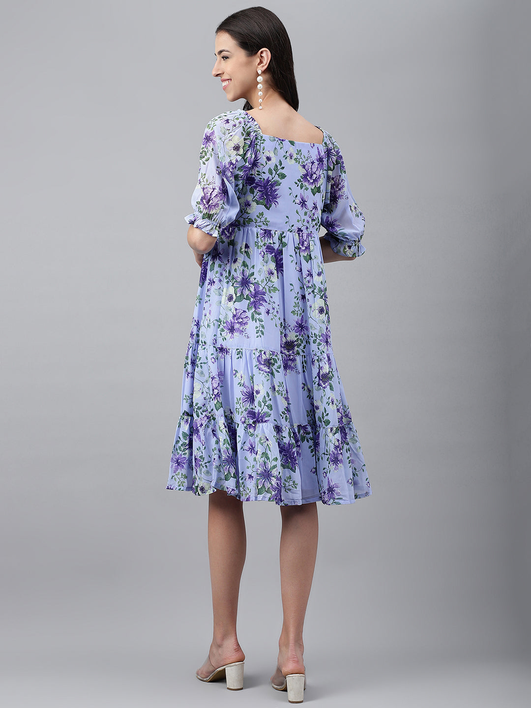 Janasya Women's Lavender Georgette Floral Printed Tiered Casual Dress | Swadesiicart