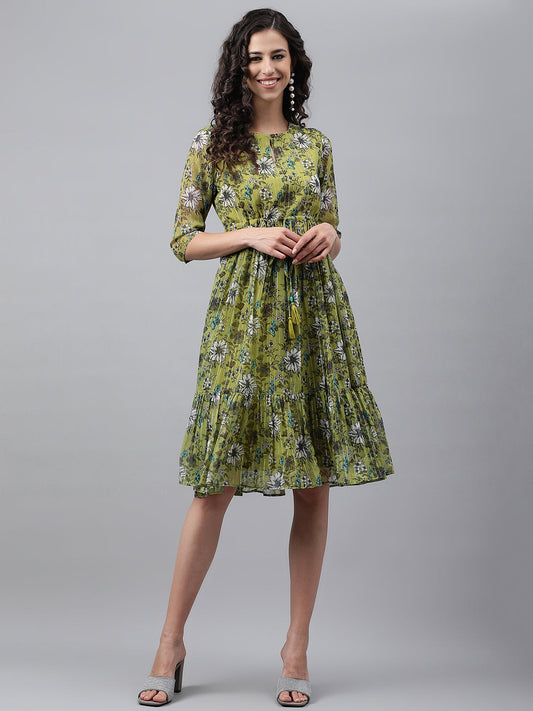 Janasya Women's Olive Green Chiffon Lurex Floral Printed Flared Casual Dress | Swadesiicart