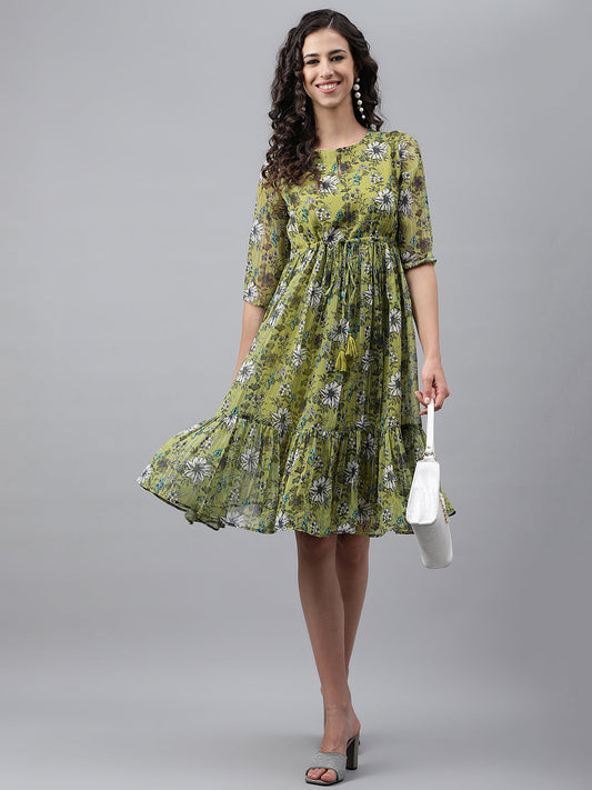 Janasya Women's Olive Green Chiffon Lurex Floral Printed Flared Casual Dress | Swadesiicart