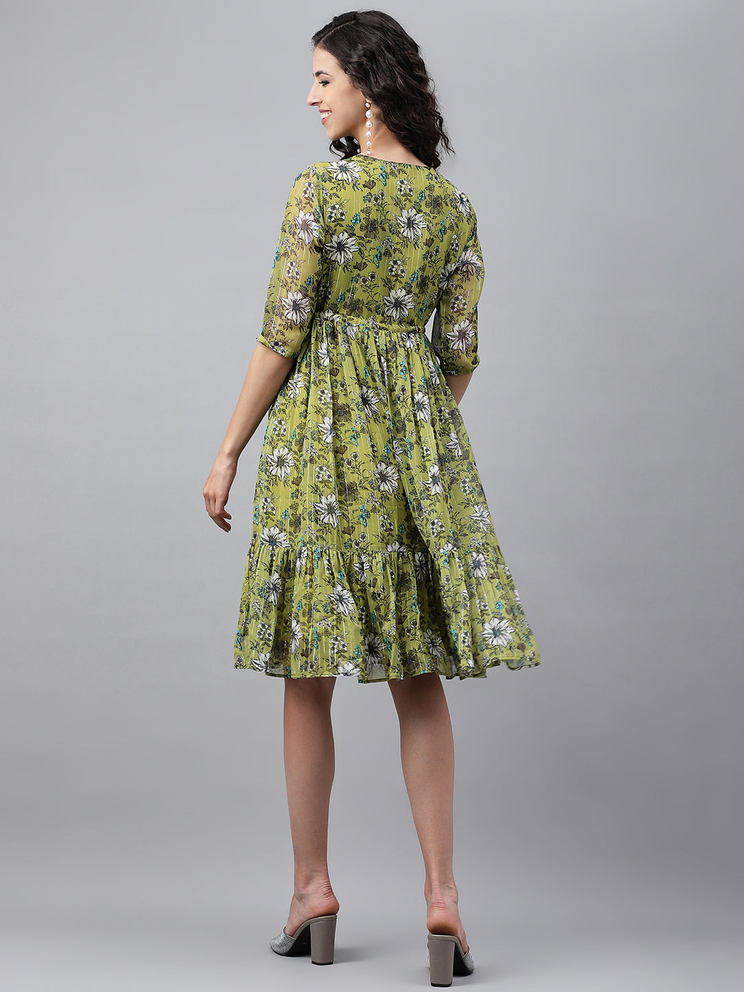 Janasya Women's Olive Green Chiffon Lurex Floral Printed Flared Casual Dress | Swadesiicart