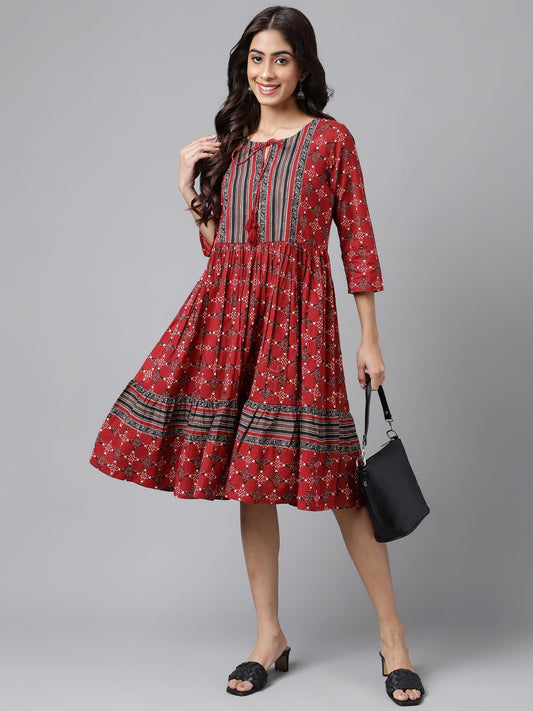 Janasya Women's Maroon Cotton Ethnic Motifs Printed Flared Casual Dress | Swadesiicart