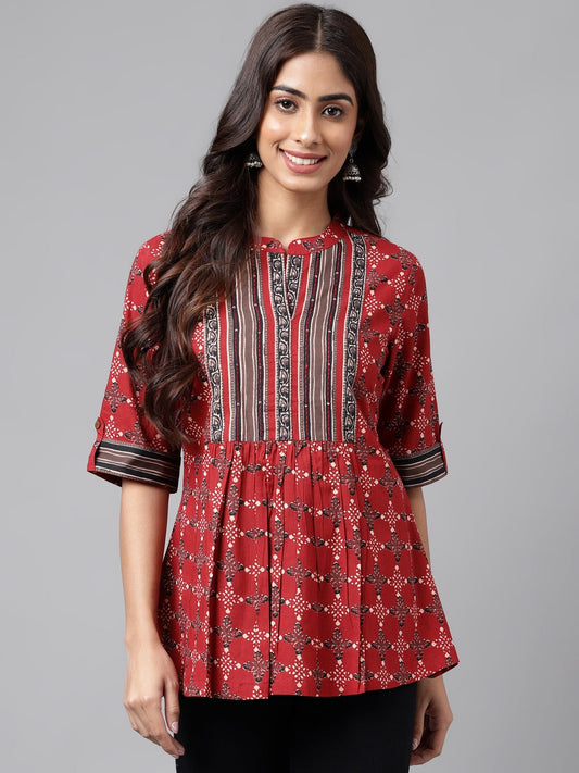 Janasya Women's Maroon Cotton Ethnic Motifs Casual A-Line Top | Swadesiicart