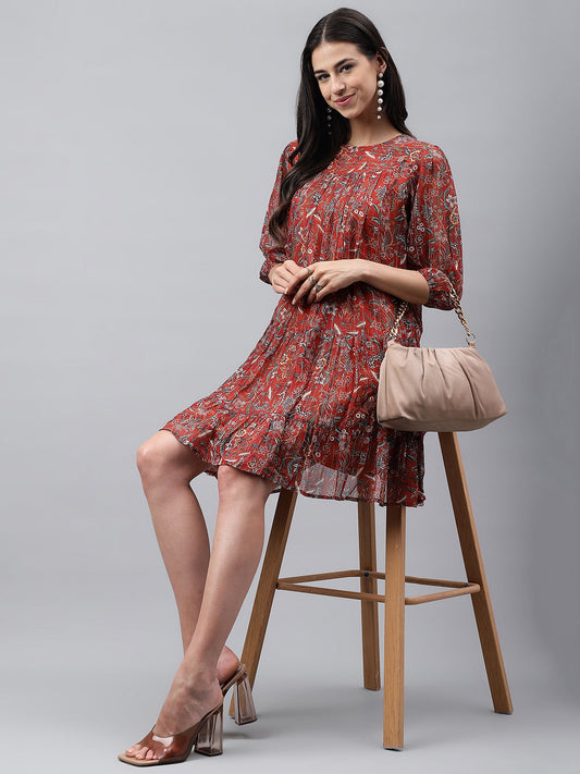 Janasya Women's Rust Chiffon Lurex Floral Printed Tiered Casual Dress | Swadesiicart