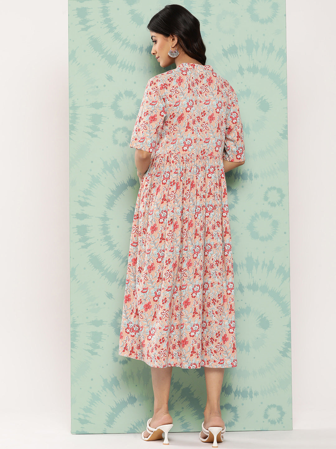 Janasya Women's Peach Cotton Floral Printed Gathered Casual Dress | Swadesiicart