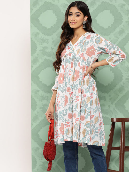 Janasya Women's White Cotton Botanical Print Casual Gathered Tunic | Swadesiicart