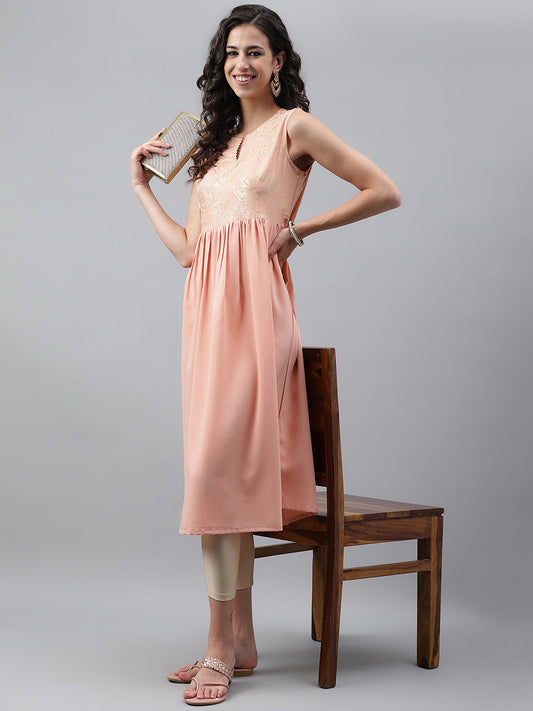 Janasya Women's Peach Crepe Foil Printed Festive Gathered Kurta | Swadesiicart