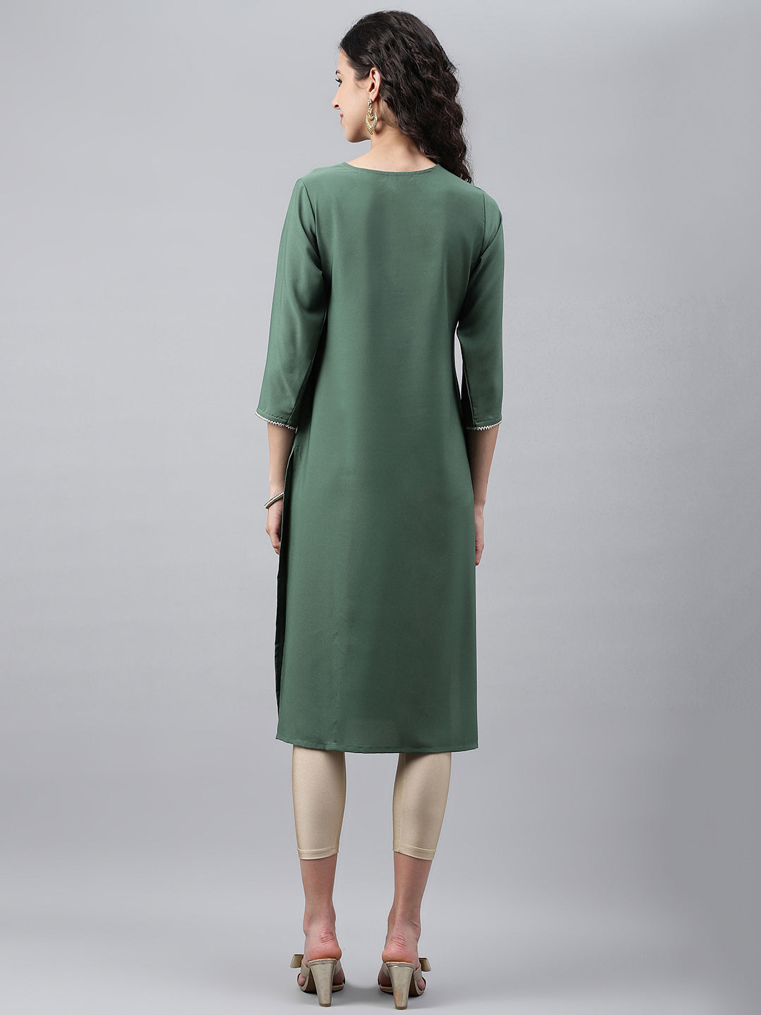 Janasya Women's Green Crepe Foil Printed Festive Angrakha Kurta | Swadesiicart