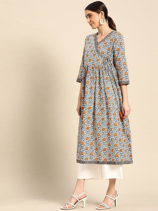 Janasya Women's White Cotton Floral Printed Casual Angrakha Kurta | Swadesiicart