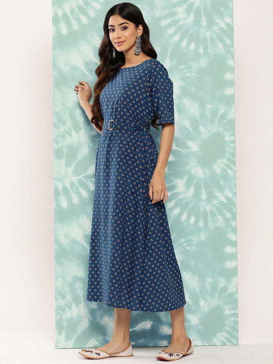 Janasya Women's Navy Blue Cotton Floral Printed A Line Casual Dress | Swadesiicart