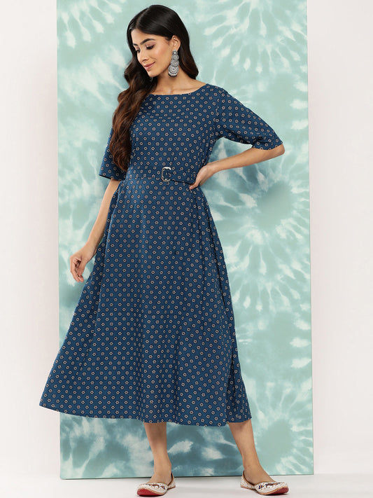 Janasya Women's Navy Blue Cotton Floral Printed A Line Casual Dress | Swadesiicart