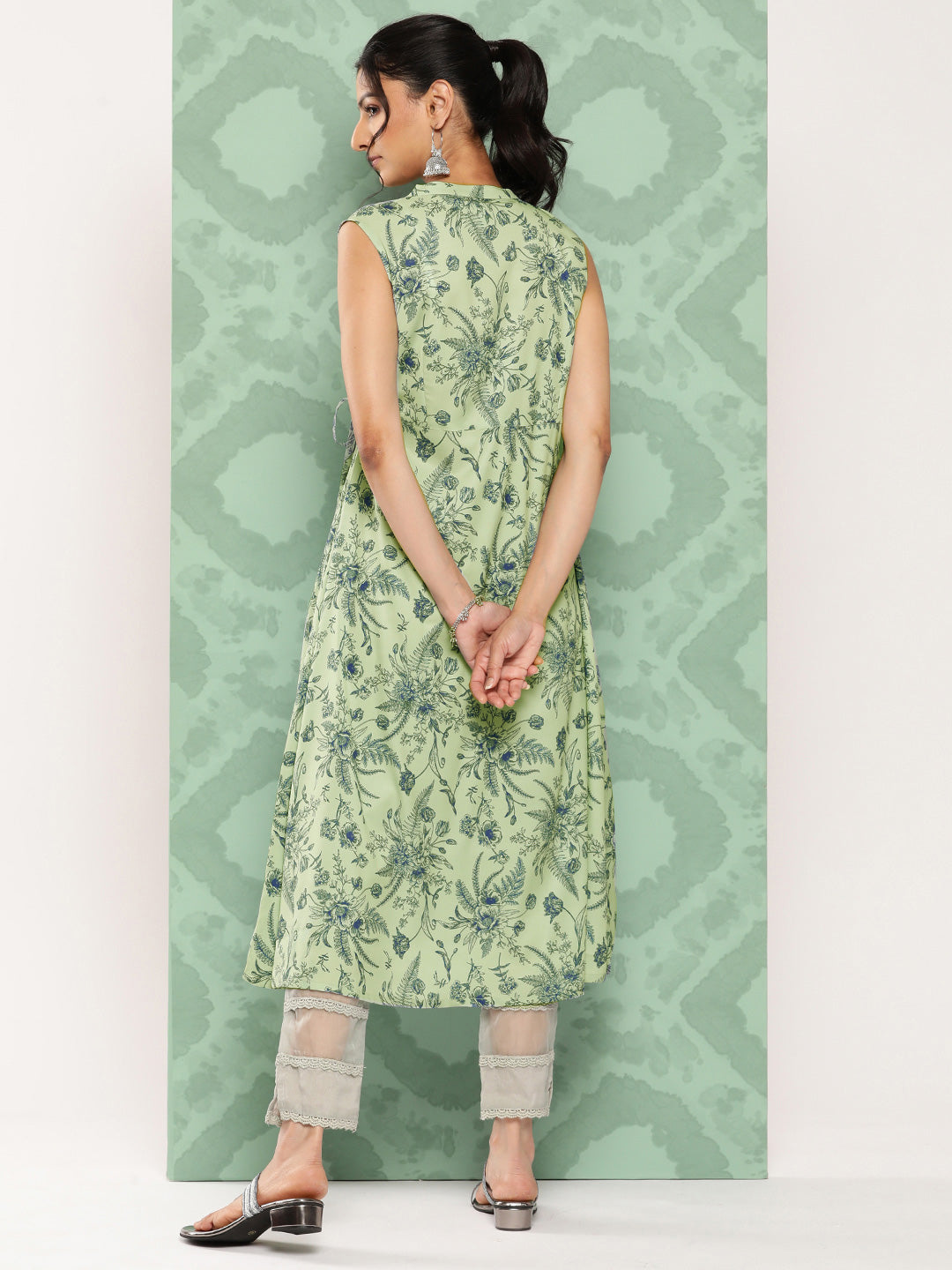 Janasya Women's Light Green Crepe Digital Printed Casual Angrakha Kurta | Swadesiicart