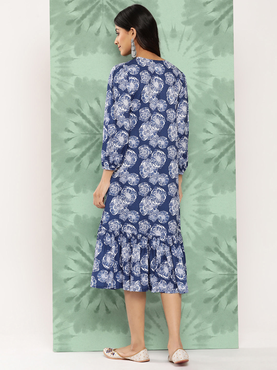 Janasya Women's Blue Crepe Digital Floral Printed A-Line Casual Dress | Swadesiicart