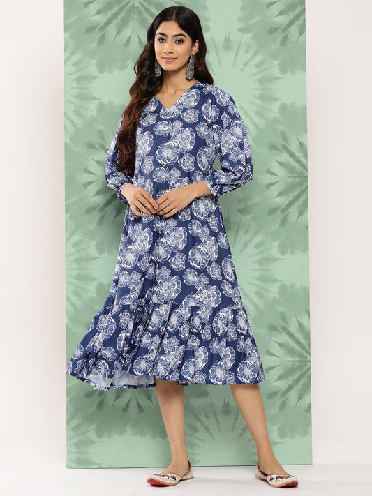 Janasya Women's Blue Crepe Digital Floral Printed A-Line Casual Dress | Swadesiicart