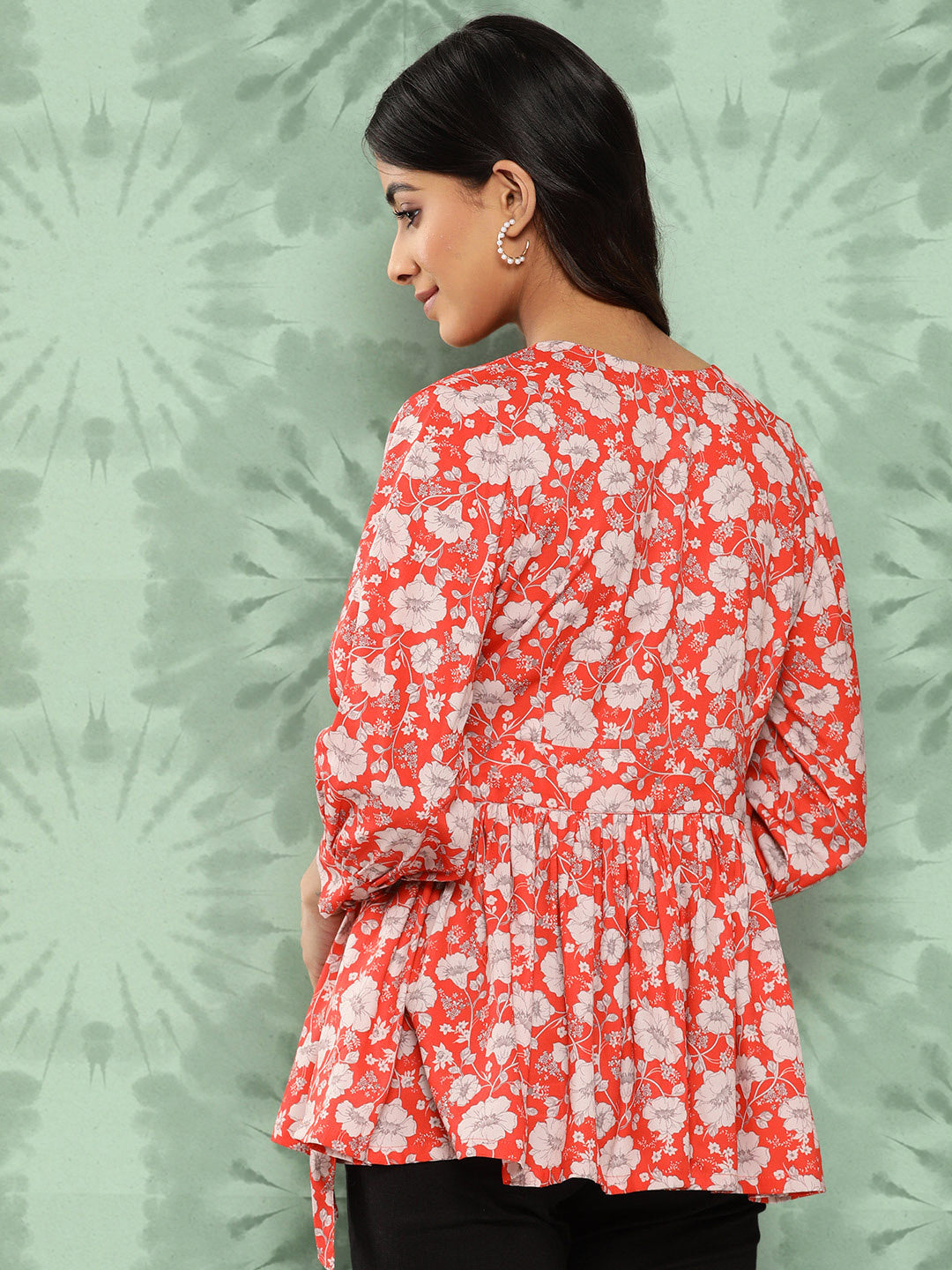 Janasya Women's Orange Crepe Digital Floral Print Casual Peplum Top | Swadesiicart