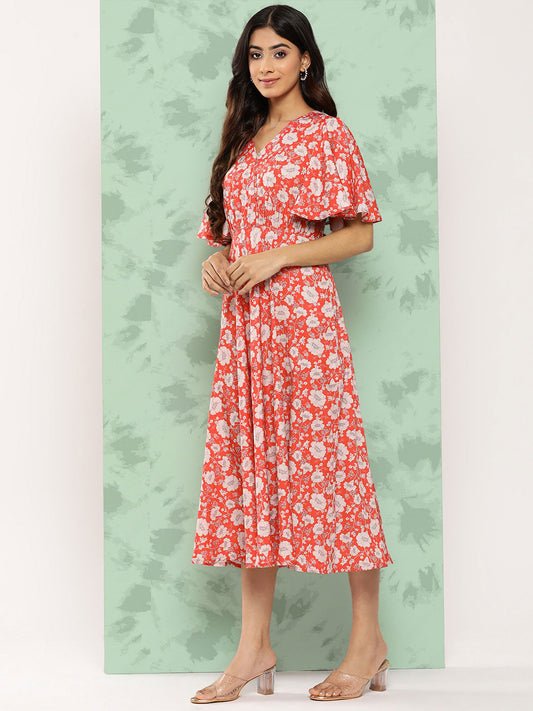 Janasya Women's Orange Crepe Digital Printed Flared Casual Dress | Swadesiicart