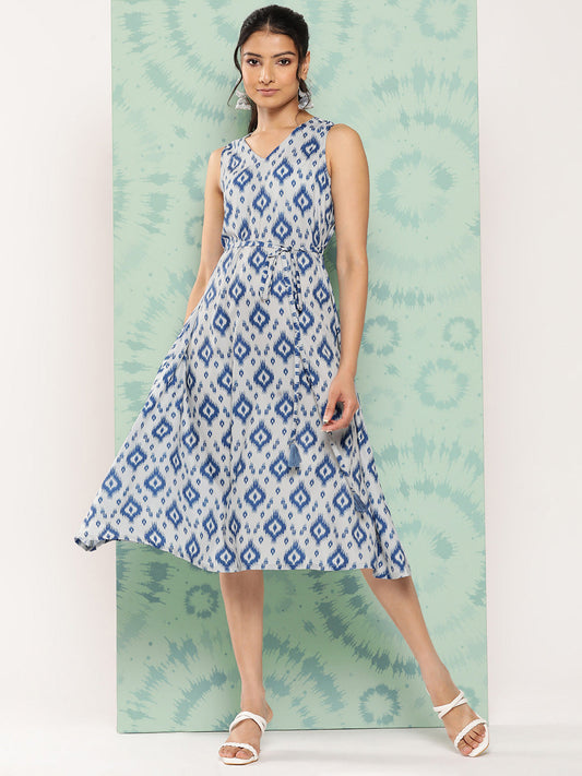 Janasya Women's Grey Crepe Ikat Printed A Line Casual Dress | Swadesiicart
