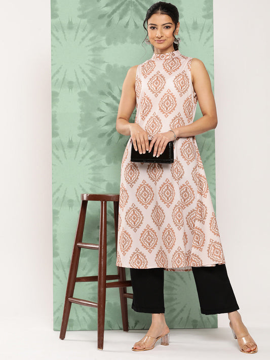 Janasya Women's Light Peach Crepe Digital Printed Casual A-Line Kurta | Swadesiicart