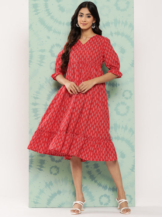 Janasya Women's Red Cotton Ethnic Motifs Printed Flared Casual Dress | Swadesiicart