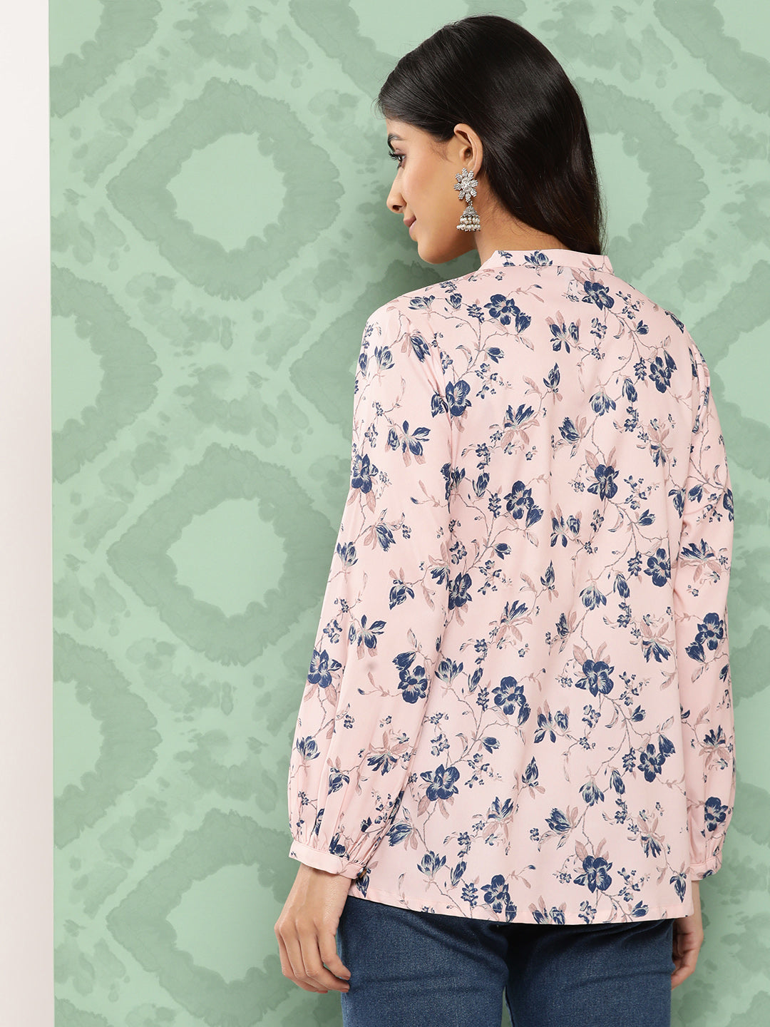 Janasya Women's Light Peach Crepe Digital Printed Casual A-Line Top | Swadesiicart