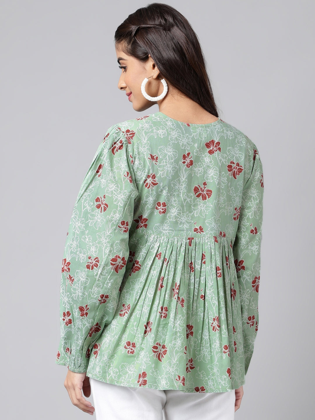 Indian Clothing Janasya Women's Green Cotton Floral Printed Casual Peplum Top | Swadesiicart