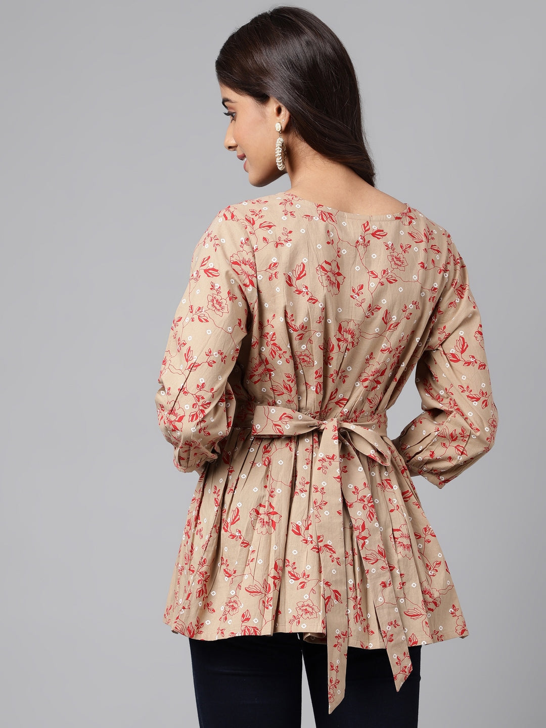 Janasya Women's Brown Cotton Botanical Printed Casual Peplum Top | Swadesiicart
