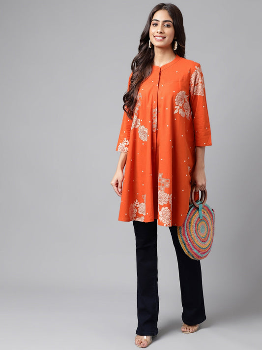 Janasya Women's Orange Cotton Floral Printed Casual Flared Tunic | Swadesiicart