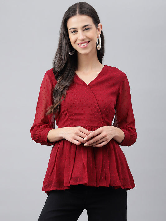 Janasya Women's Maroon Dobby Chiffon Solid Casual Peplum Top | Swadesiicart