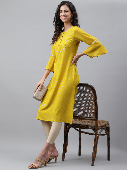 Janasya Women's Yellow Crepe Foil Printed Festive Straight Kurta | Swadesiicart