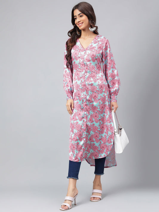 Janasya Women's Sea Green Satin Digital Floral Printed Casual Gathered Kurta | Swadesiicart