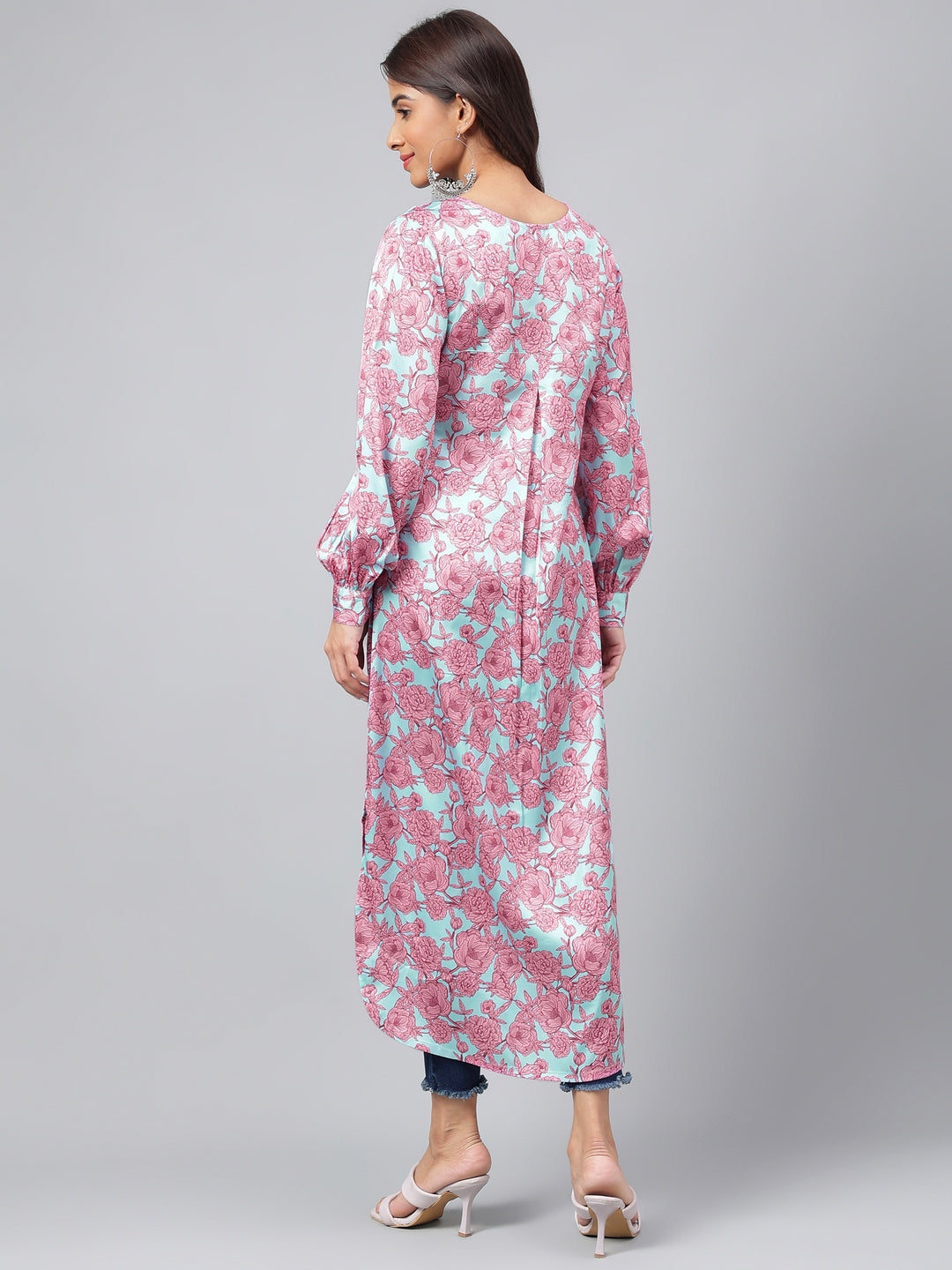 Janasya Women's Sea Green Satin Digital Floral Printed Casual Gathered Kurta | Swadesiicart