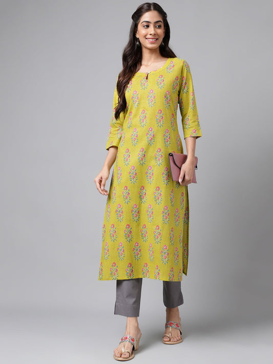 Janasya Women's Green Cotton Floral Printed Casual Straight Kurta | Swadesiicart